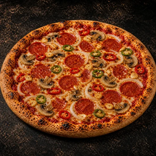 Volcano Pizza — Pepperoni, Garlic, Onion, Mushroom & Chilli