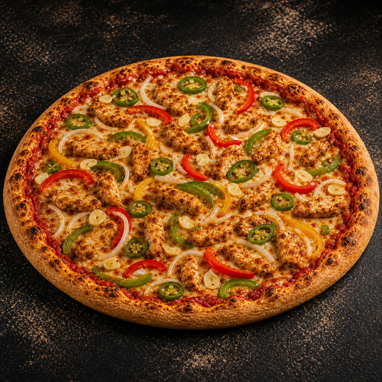 Hot & Spicy Pizza — Spicy Chicken, Peppers, Garlic, Green Chillies & Jalapeños