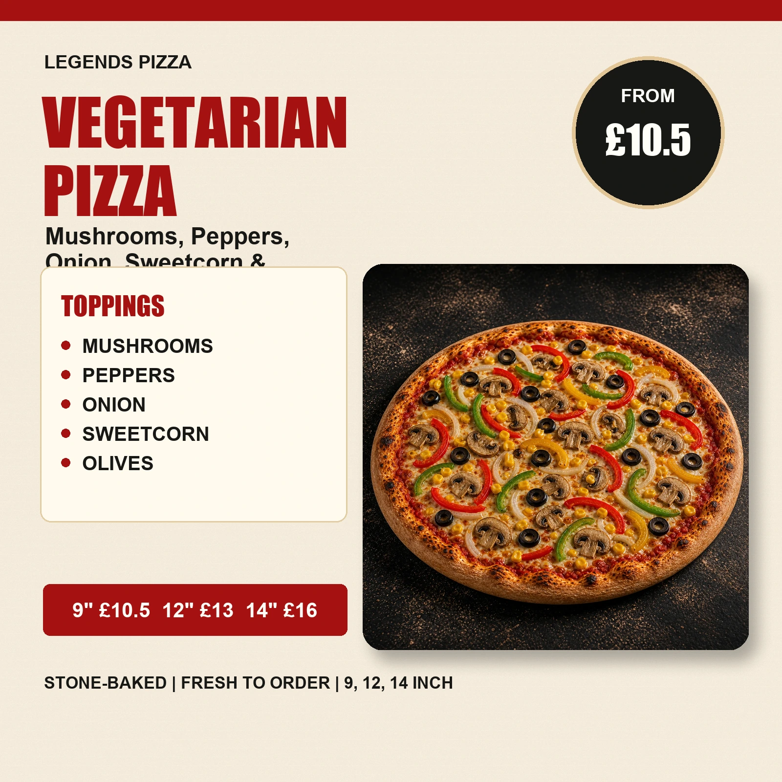 Vegetarian Pizza — Mushrooms, Peppers, Onion, Sweetcorn & Olives - Image 2