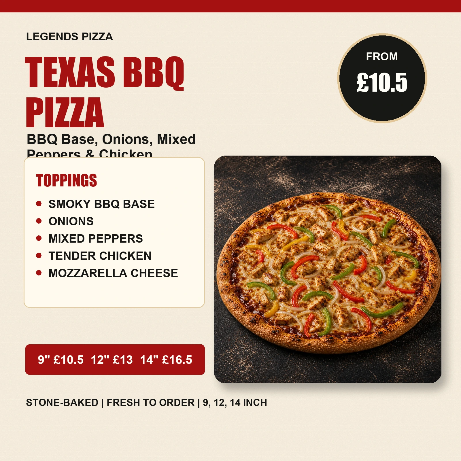 Texas BBQ Pizza — BBQ Base, Onions, Mixed Peppers & Chicken - Image 2