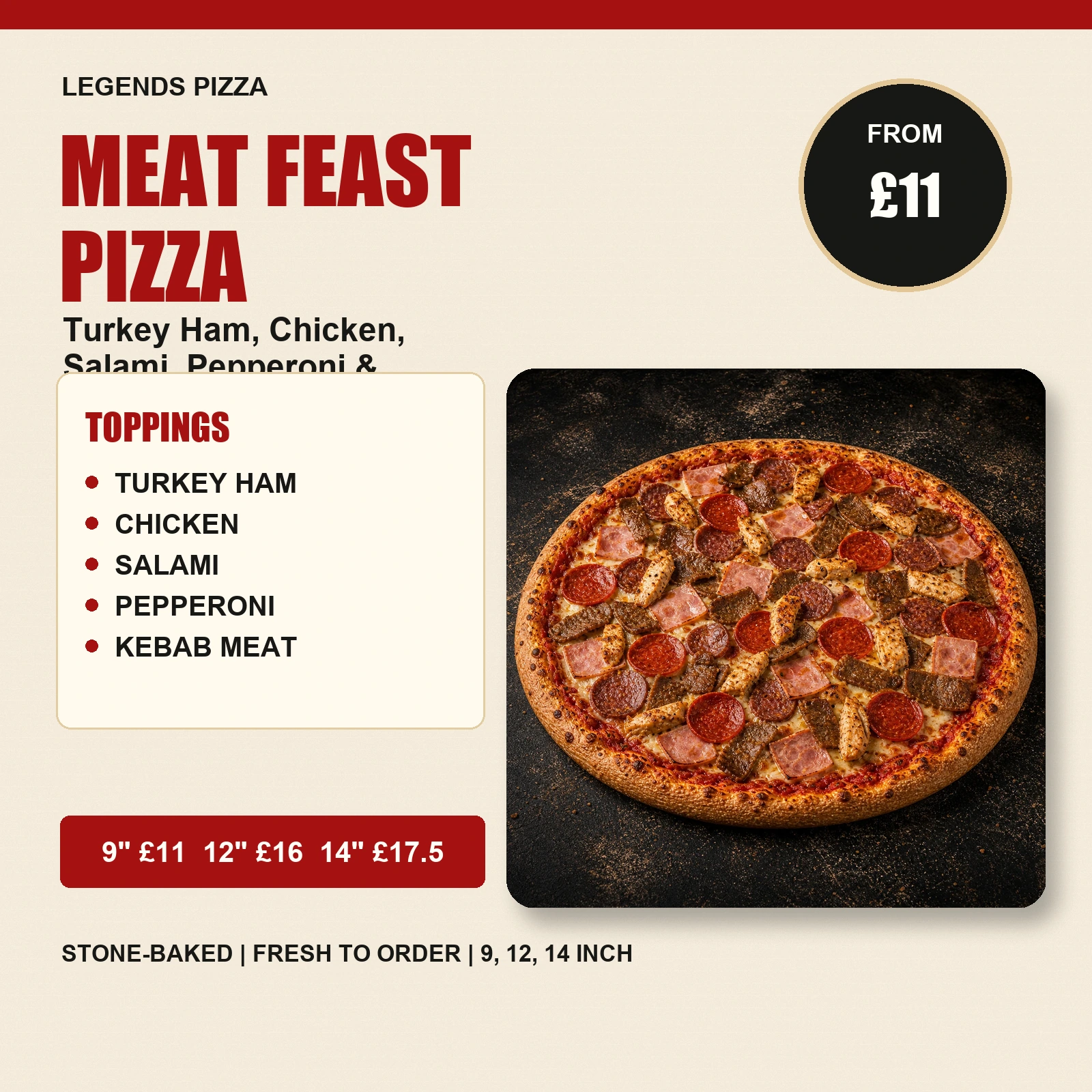Meat Feast Pizza — Turkey Ham, Chicken, Salami, Pepperoni & Kebab Meat - Image 2