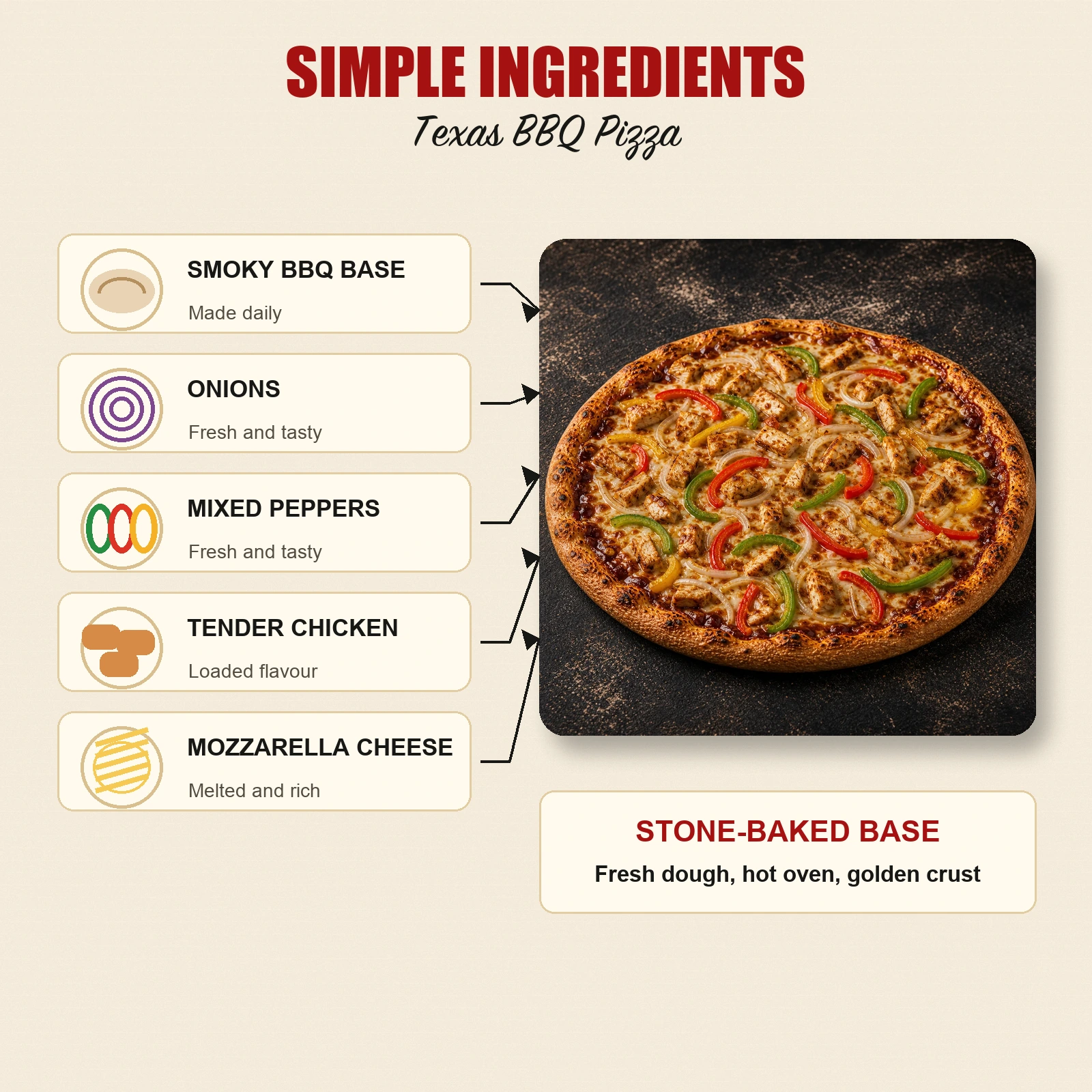Texas BBQ Pizza — BBQ Base, Onions, Mixed Peppers & Chicken - Image 3