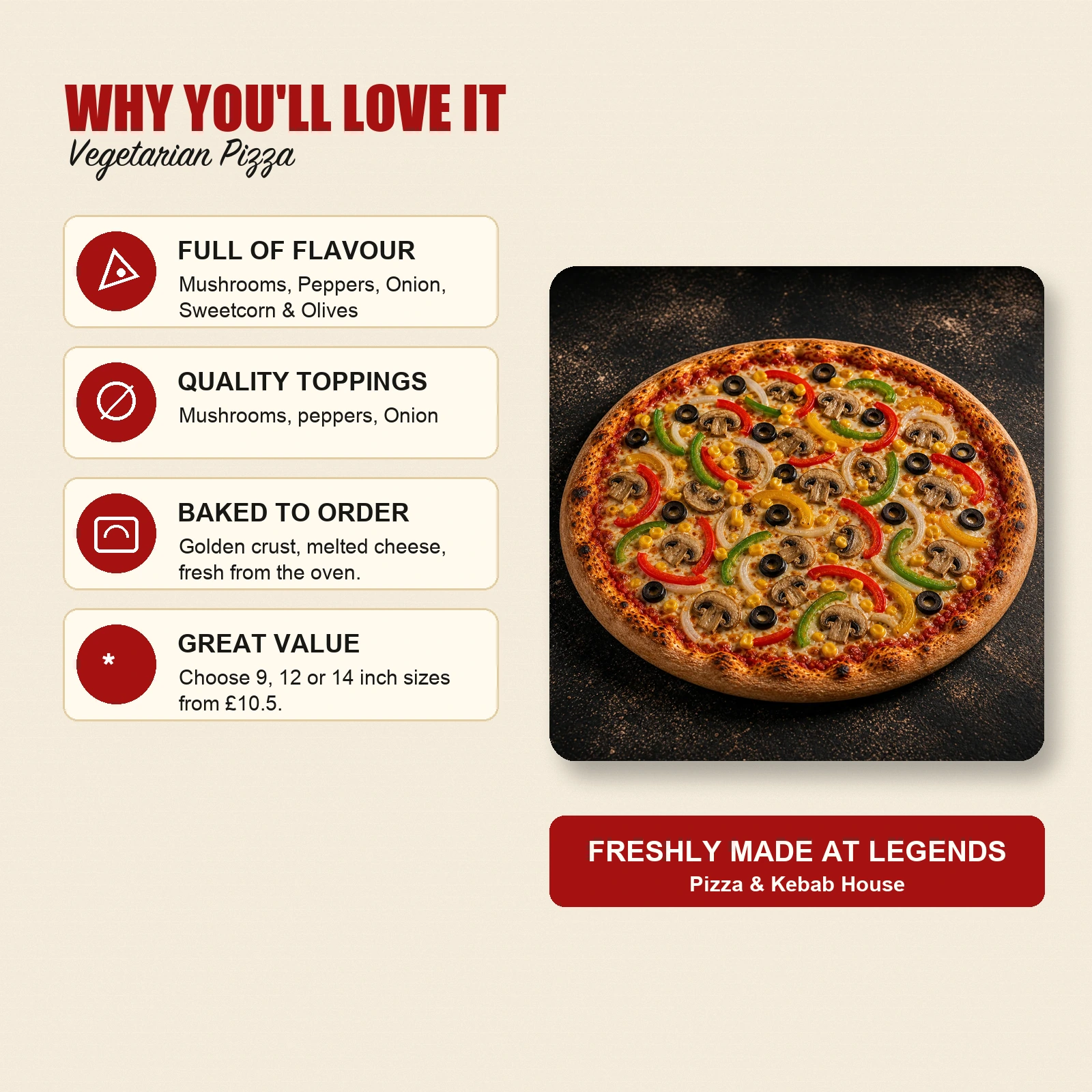 Vegetarian Pizza — Mushrooms, Peppers, Onion, Sweetcorn & Olives - Image 4