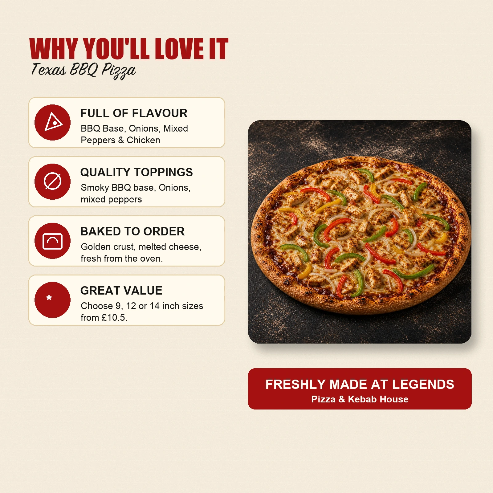Texas BBQ Pizza — BBQ Base, Onions, Mixed Peppers & Chicken - Image 4