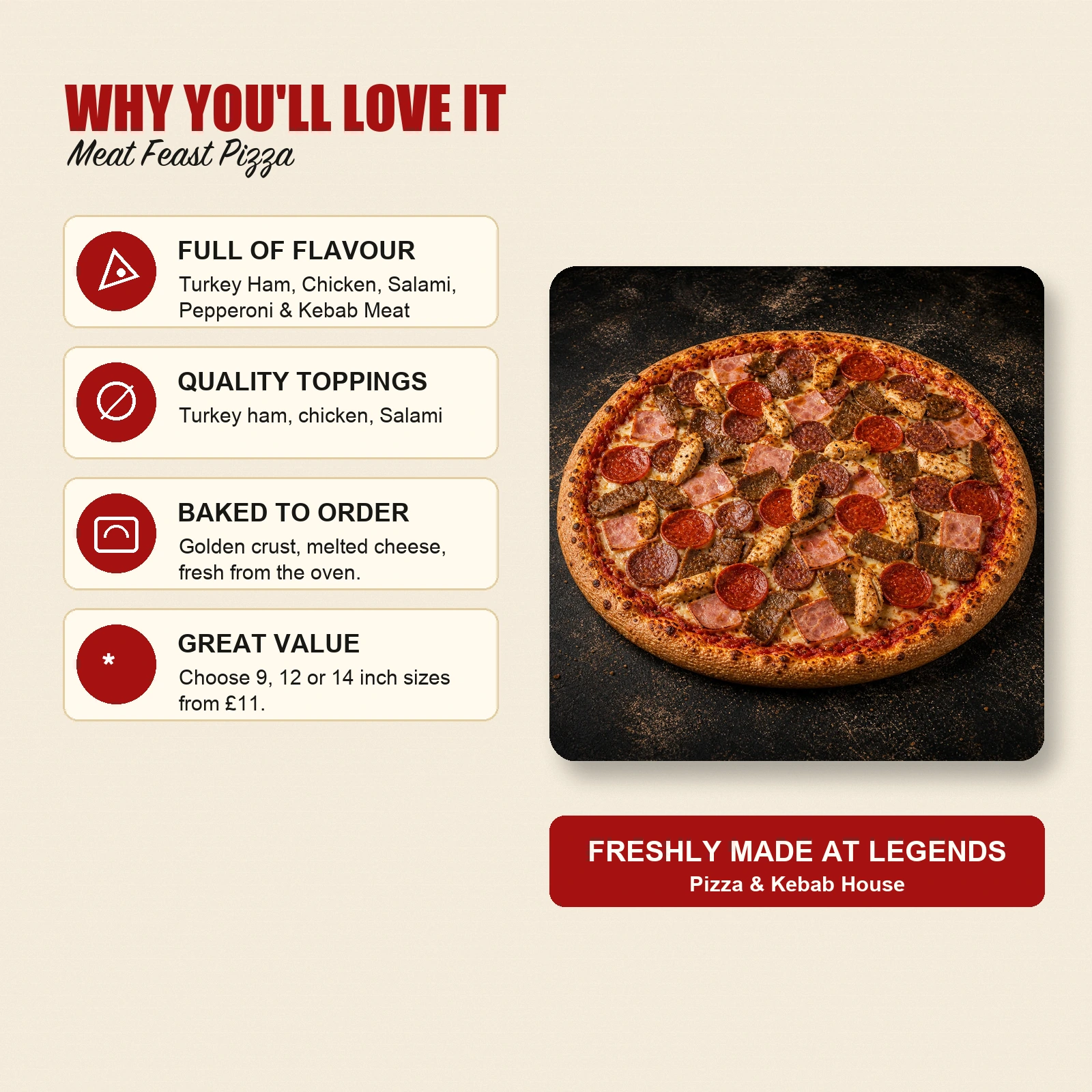 Meat Feast Pizza — Turkey Ham, Chicken, Salami, Pepperoni & Kebab Meat - Image 4