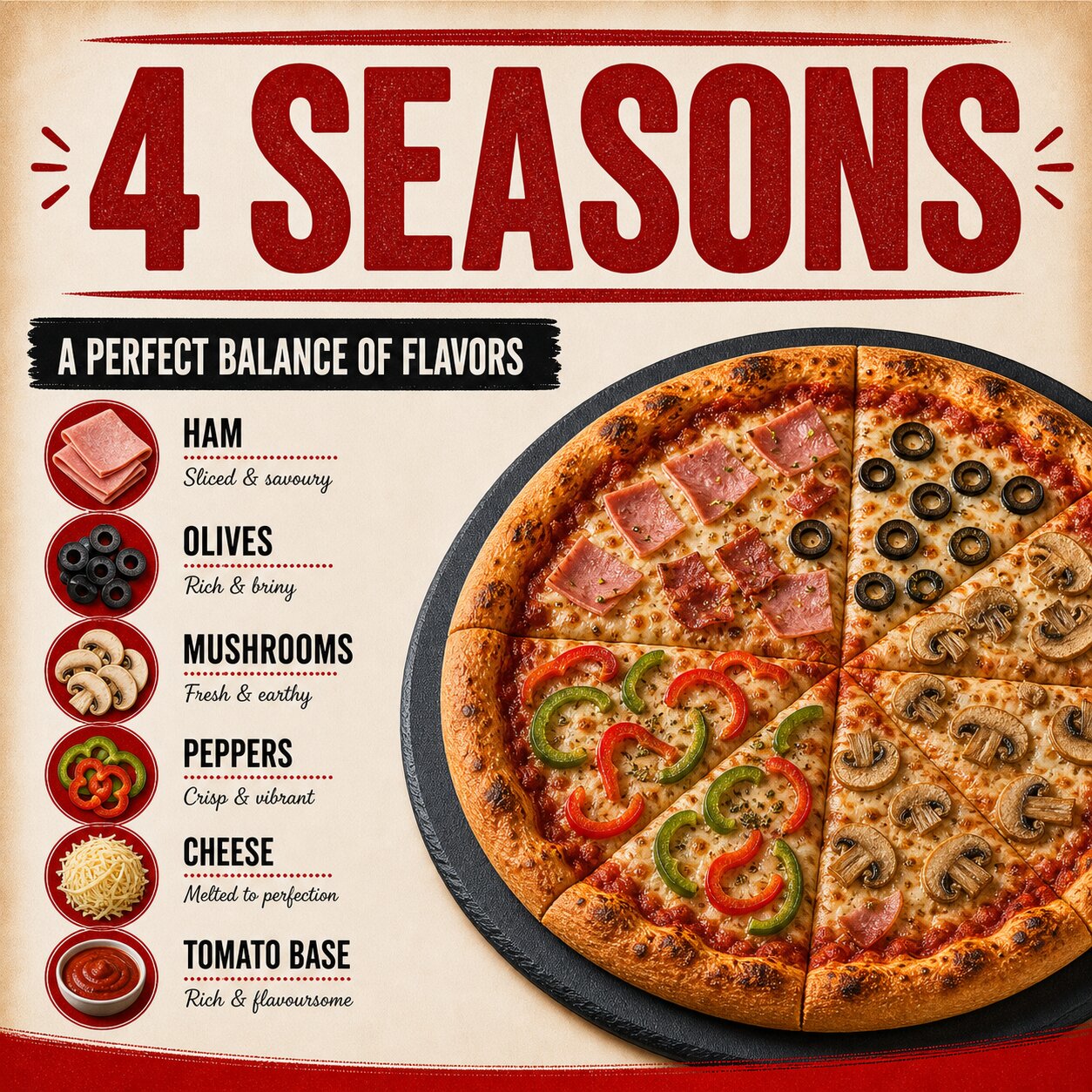 Four Seasons Pizza — Ham, Olives, Mushrooms & Peppers - Image 2