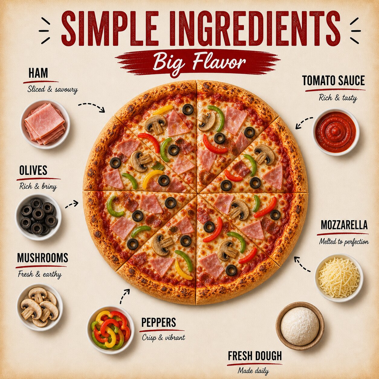Four Seasons Pizza — Ham, Olives, Mushrooms & Peppers - Image 3