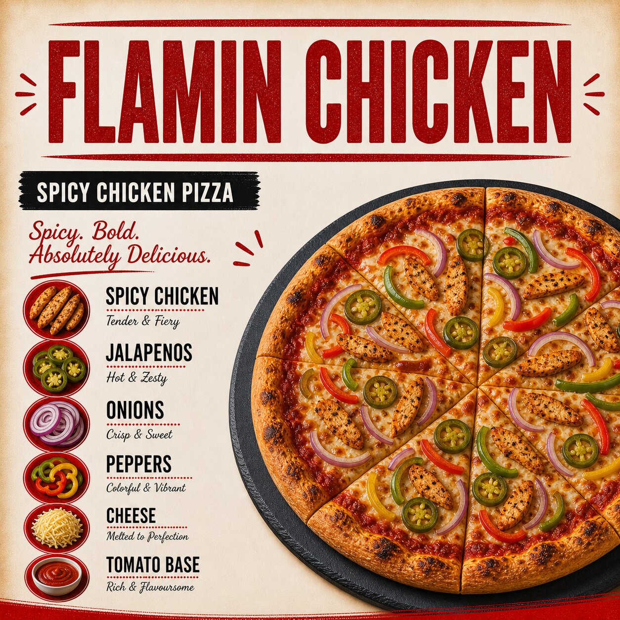 Flamin Chicken Pizza — Spicy Chicken, Peppers & Jalapeños - Image 2