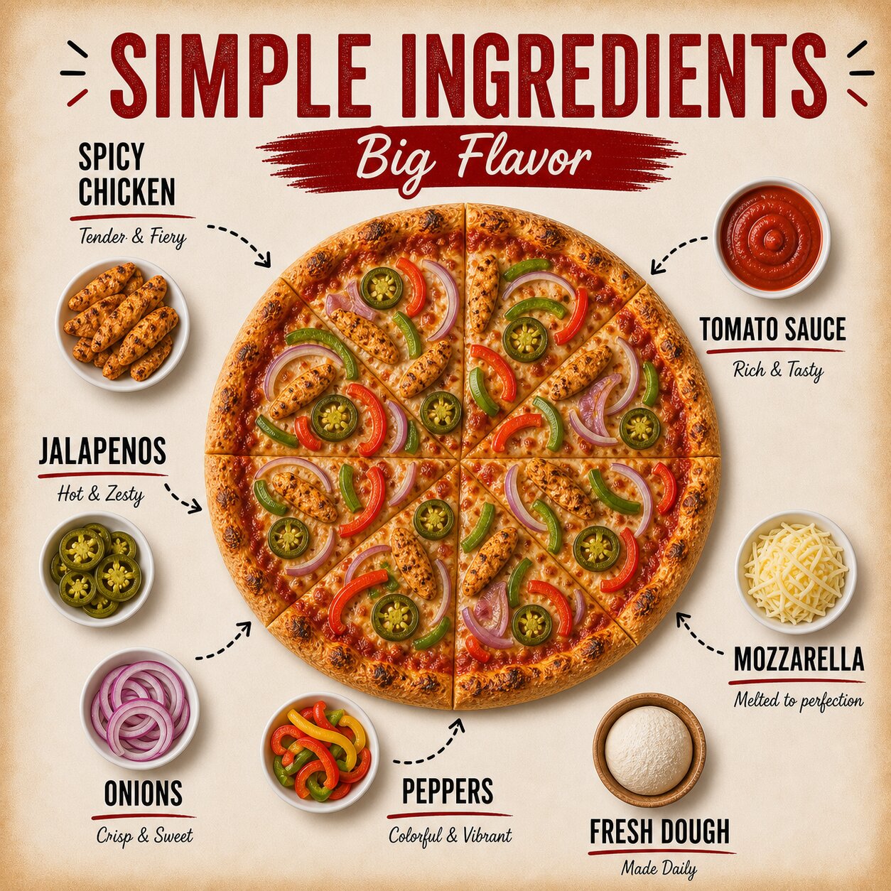 Flamin Chicken Pizza — Spicy Chicken, Peppers & Jalapeños - Image 3