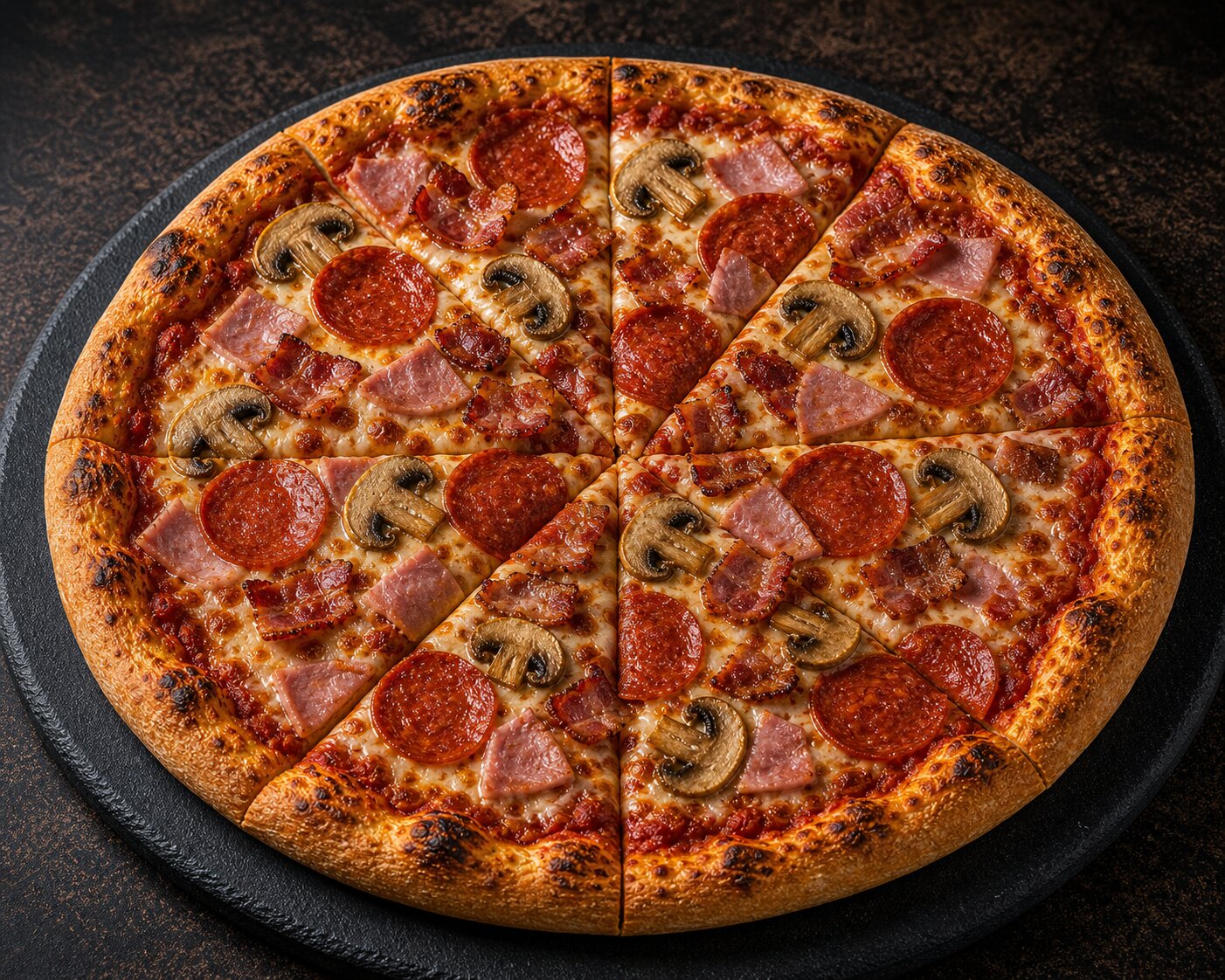 New Yorker Pizza — Ham, Bacon, Pepperoni & Mushroom